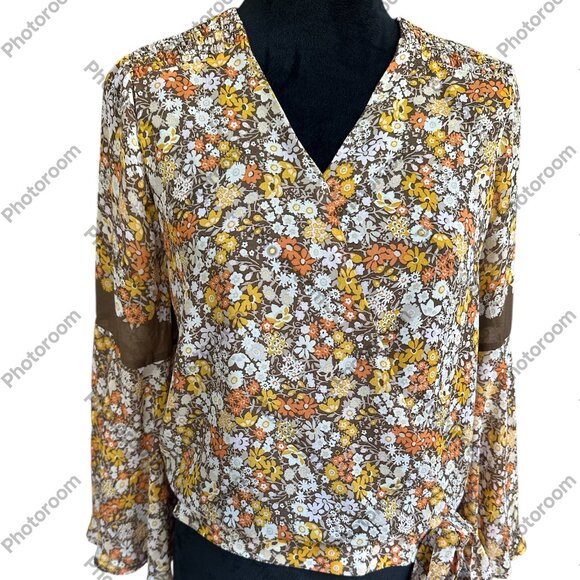 june & hudson Tops - june & hudson XS Brown & Orange Floral Faux Wrap Sheer Lined Bell Sleeve Blouse